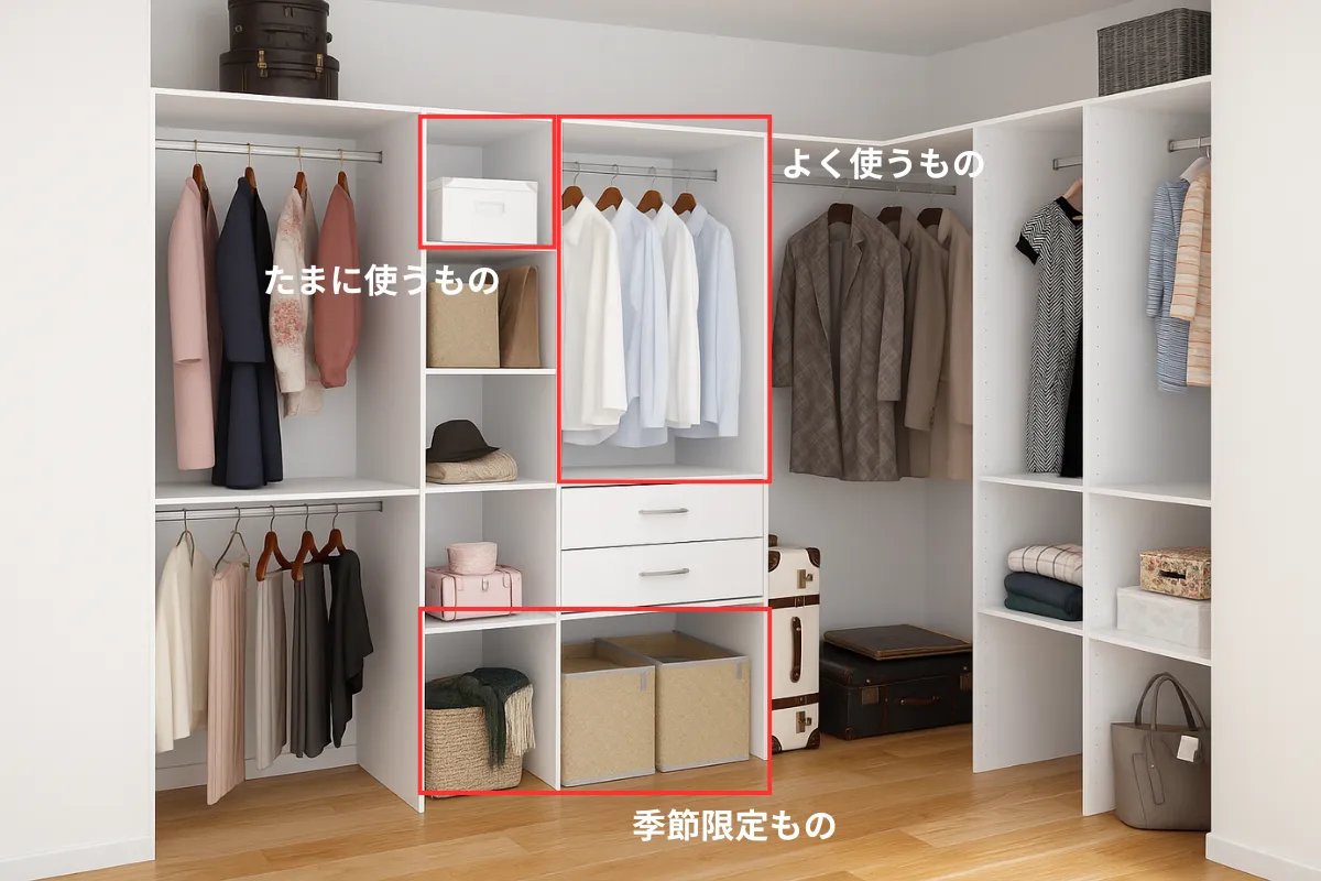 使用頻度に応じて分類されたクローゼット収納例
