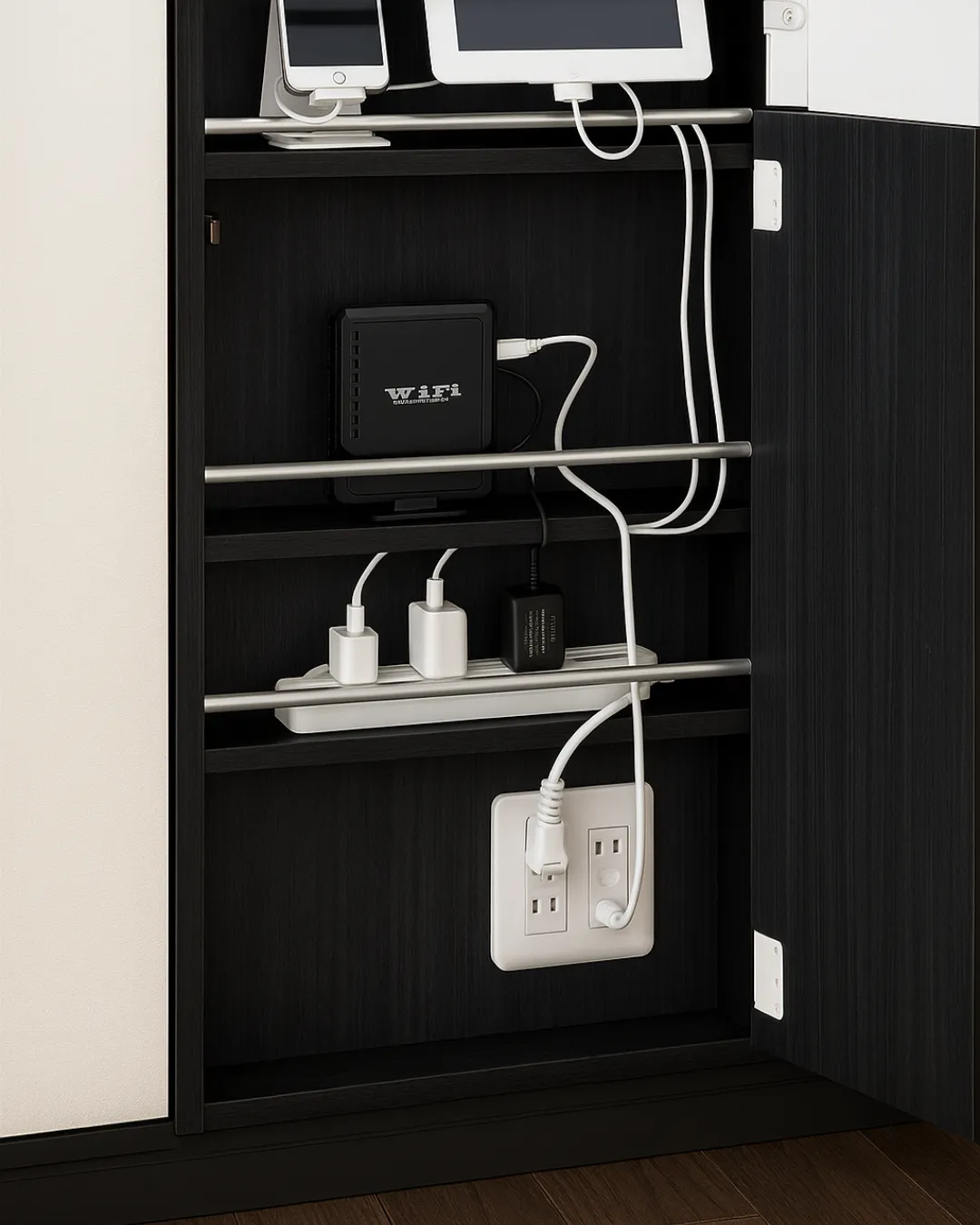Wi-Fi機器と充電ケーブルを隠せる配線収納 Wi-Fi機器と充電ケーブルを隠せる配線収納