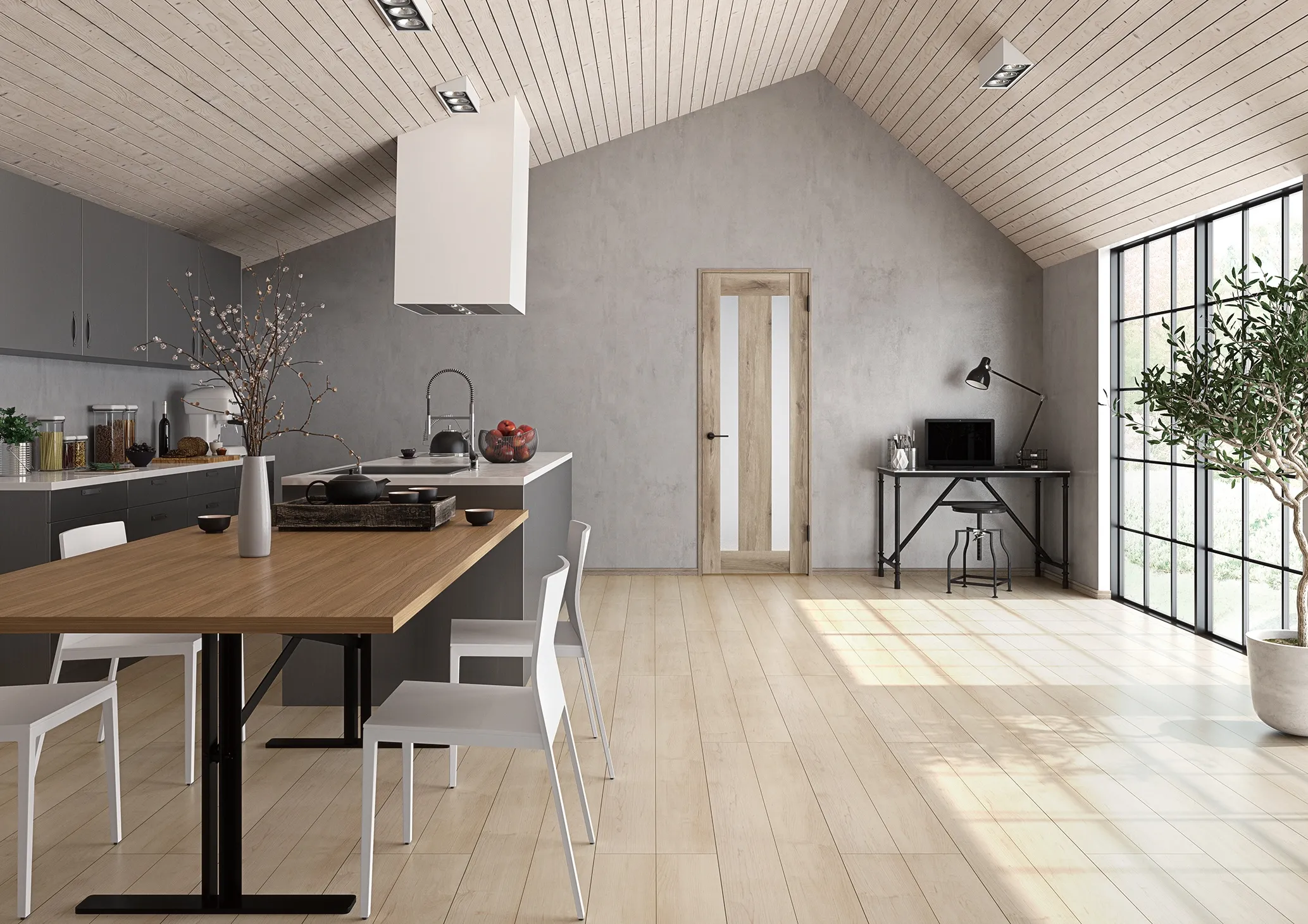 勾配天井が印象的な明るいキッチン空間