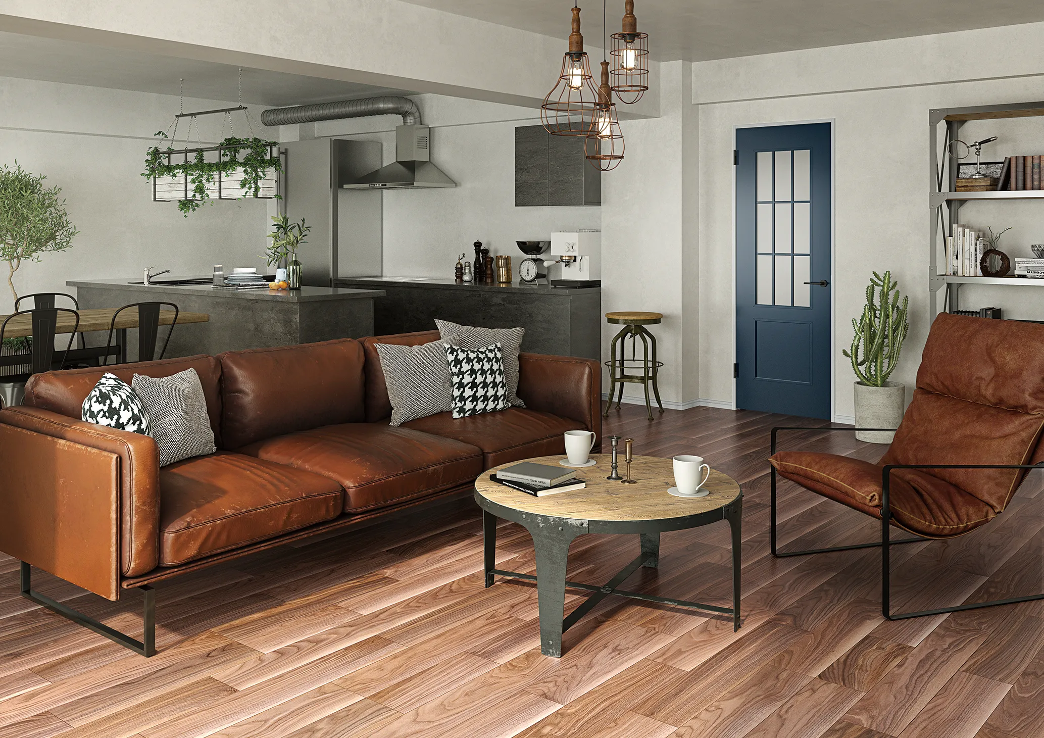 深みのある色合いで仕上げた、ヴィンテージスタイルのリビング