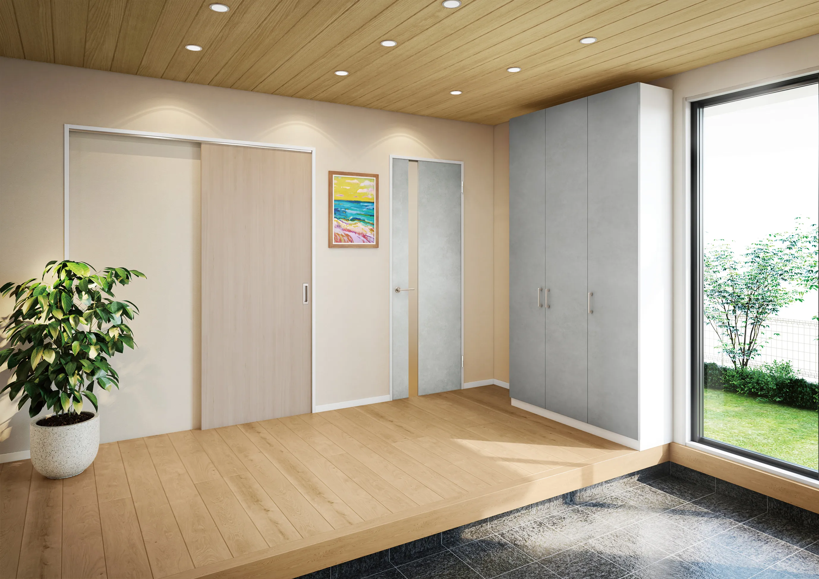 ナチュラル空間と異素材ドアのコーディネート