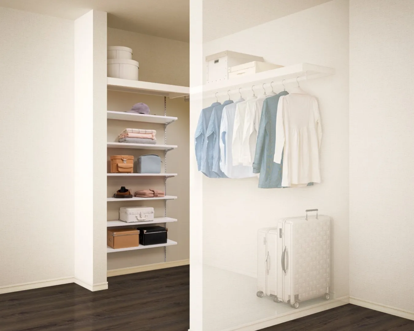 奥行提案セット可動棚とハンガーパイプを備えたウォークインクローゼット収納