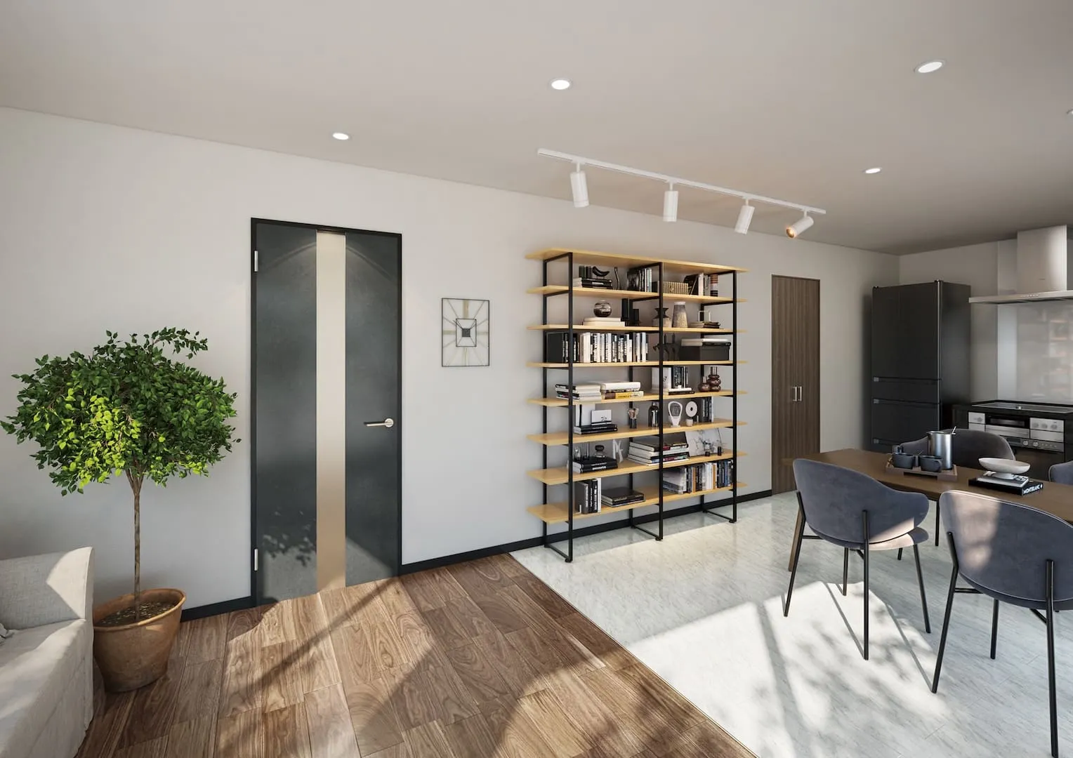 アイアンブラック柄ドアをアクセントにしたモダンLDK